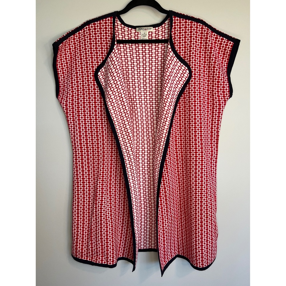 Pendleton Plus Size 1X‎ Red White Geometric Knit Sleeveless Duster Cardigan Vest